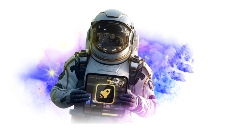 Moonwin astronaut holding a glowing tablet in space