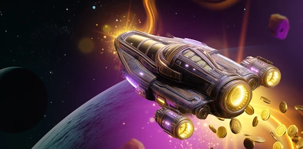 Moonwin futuristic spaceship with golden details in space