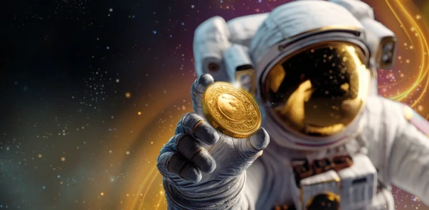 Moonwin close-up of an astronaut with a golden coin