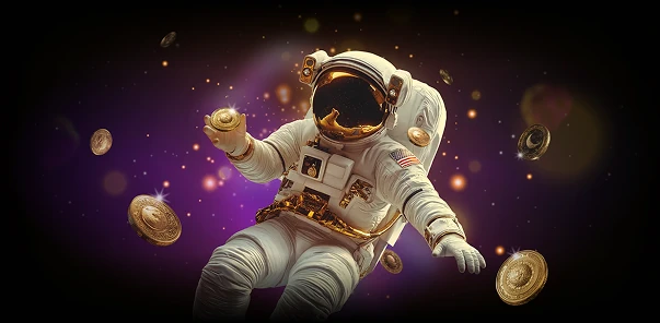 Moonwin astronaut holding a golden drink in spac